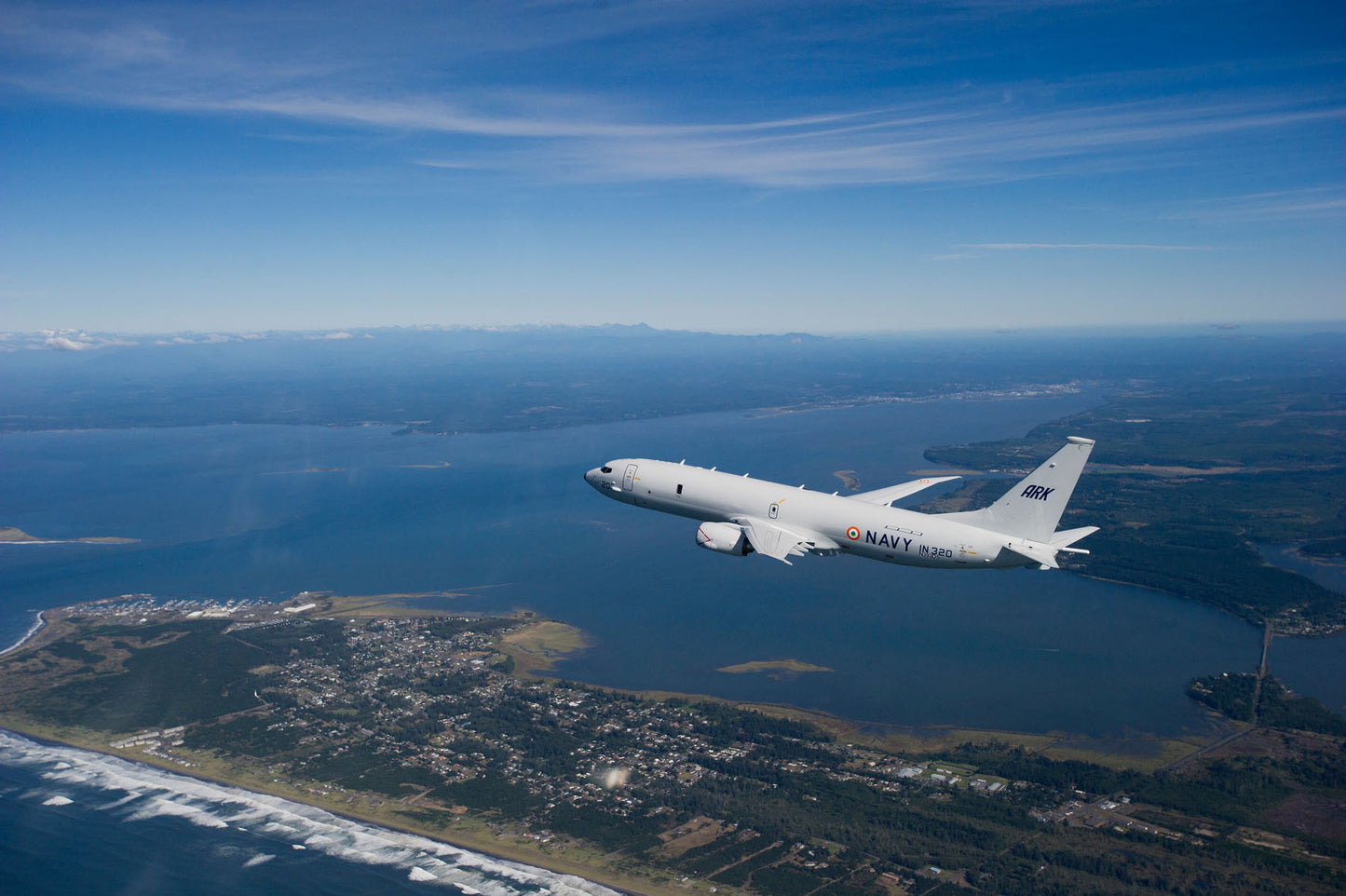 Indian Navy P-8I In flight over Coastline BI233738
