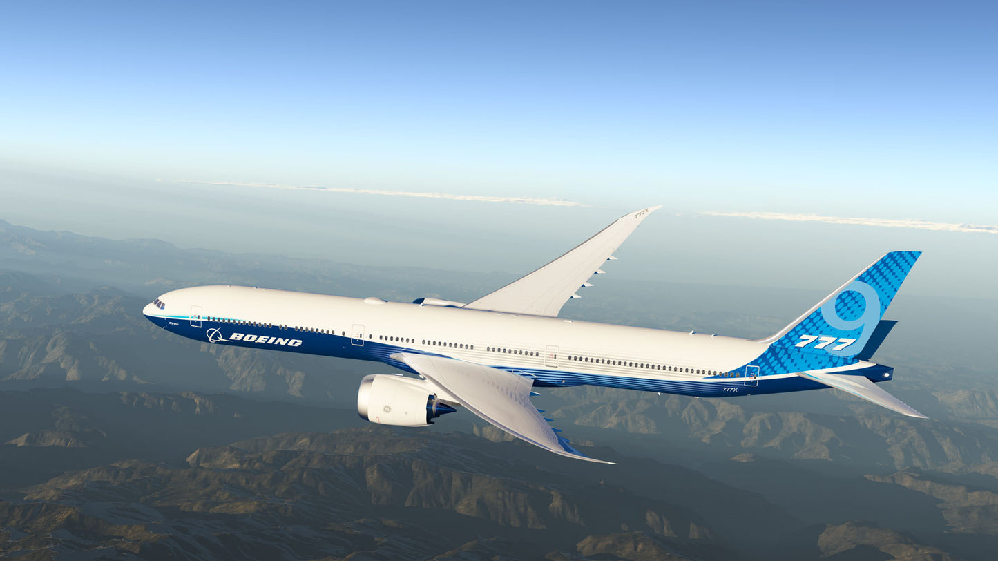 Boeing 777-9 In Flight Over Mountains BI418760