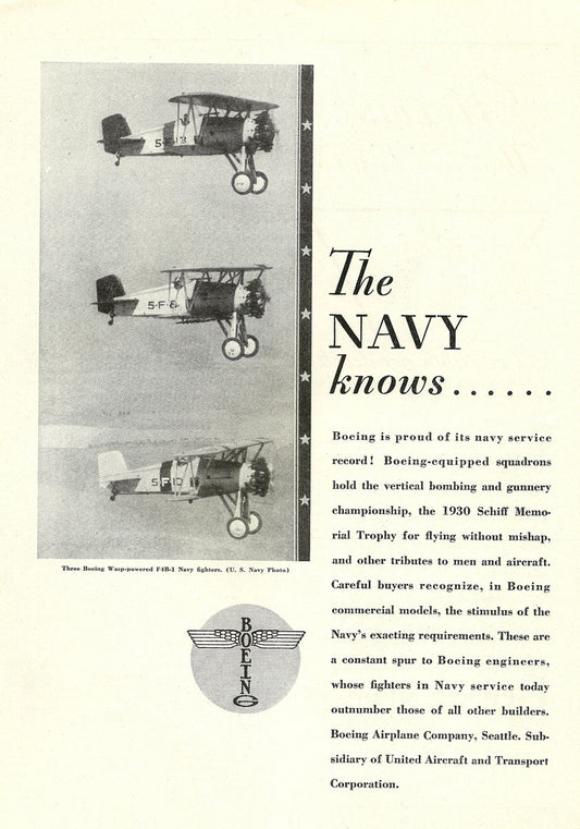 1931 The Navy Knows Boeing Ad BI45662